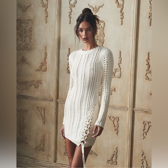 Camila Coelho Anira Cable Dress Size Small Ivory Long Sleeve Sweater Dress Mini